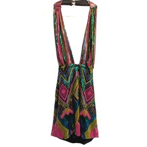 Colorful Geometric Sequin Halter Dress